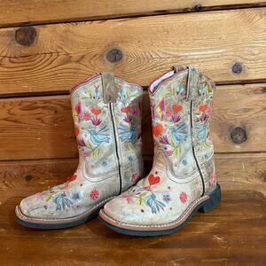 Dan Post Girls' Floral Embroidered Western Boot - Square Toe Taupe 1 D